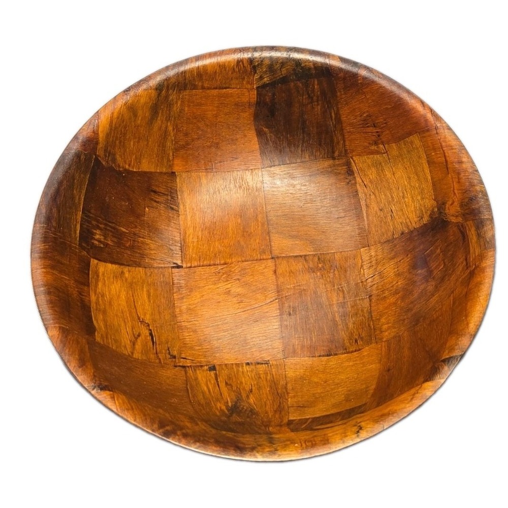 1970s Parquet Woven Wood Salad Serving Bowl Retro Vintage Checkerboard Look